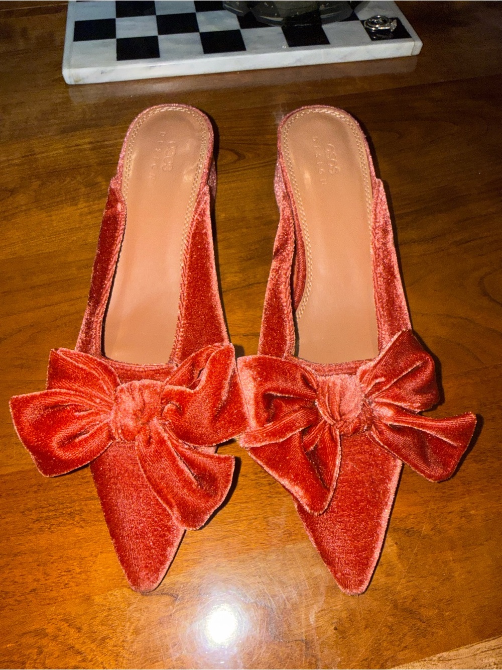 ASOS Velvet Bow Pointed-Toe Mules in Rust Orange